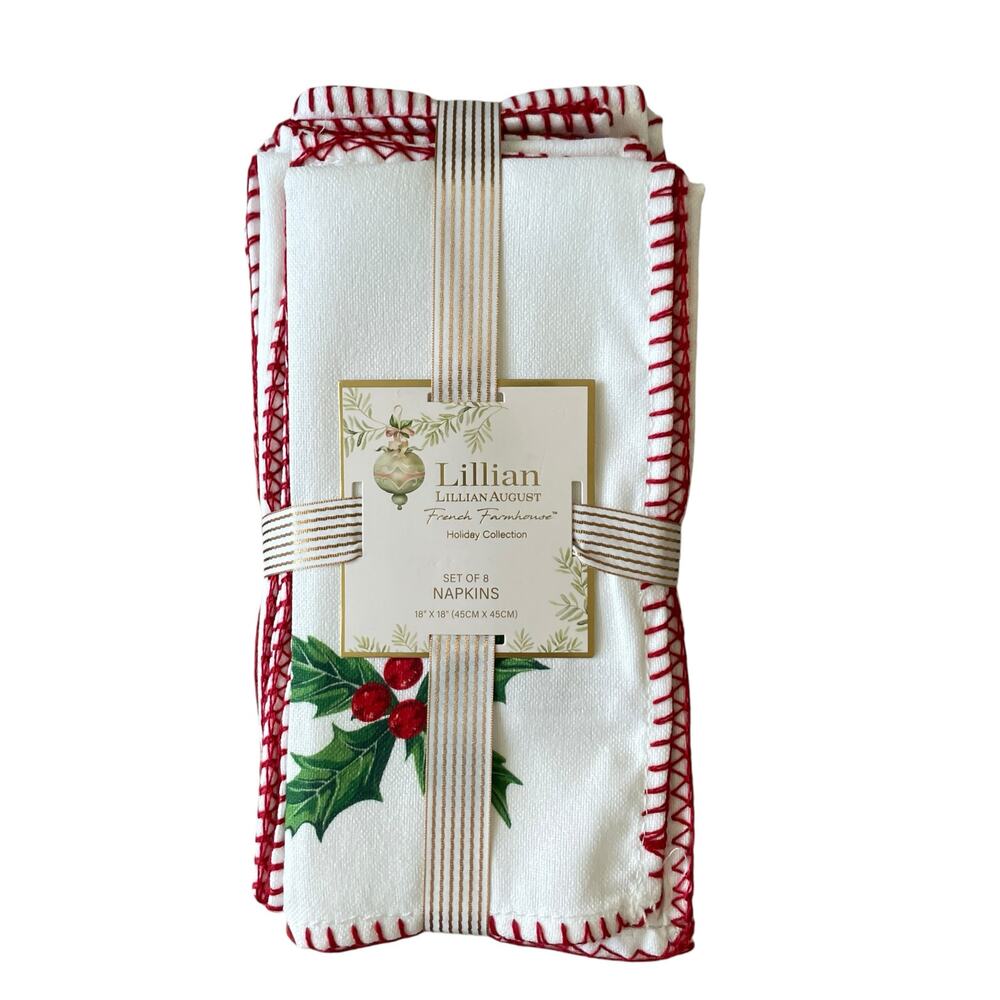 Lillian August Holly Berry Christmas Dinner Napkins Set of 8 Embroidered 18x18